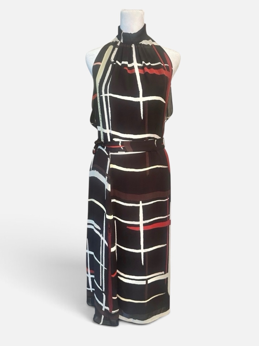 NWOT Reiss Halter Neck Black Grid-Print Midi Dress